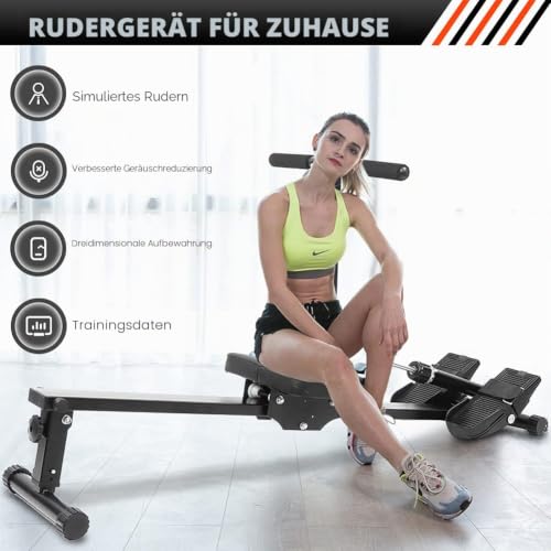 Dioche Rudergerät für Zuhause, zusammenklappbar, mit verstellbarem Pedalriemen, Piston-Widerstand, LCD-Display, Schwarz, bis zu 120 kg Tragfähigkeit