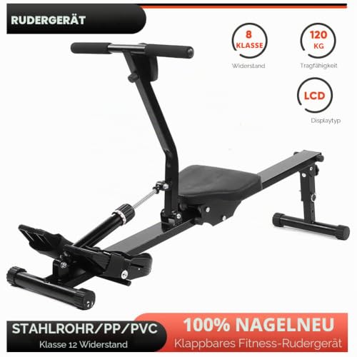 Dioche Rudergerät für Zuhause, zusammenklappbar, mit verstellbarem Pedalriemen, Piston-Widerstand, LCD-Display, Schwarz, bis zu 120 kg Tragfähigkeit