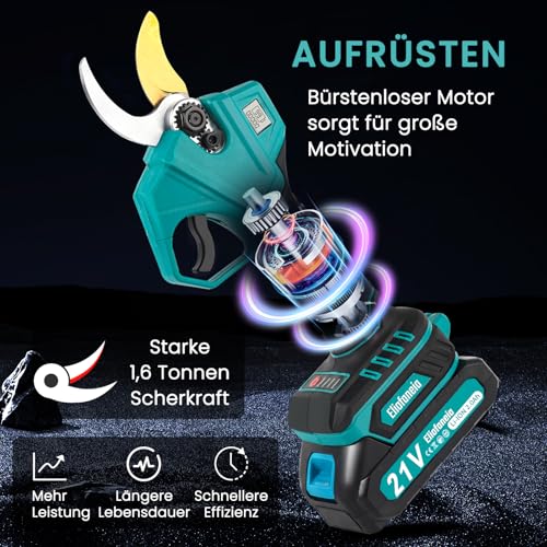 Akku Astschere Akku Baumschere,Max 30MM Schnittdurchmesser,Professionelle Elektrische Gartenschere mit Sicherheitsschalter 2x2000mAh 21V Batterien,LCD Anzeige,Ladegerät,für 6-8 Arbeitsstunden