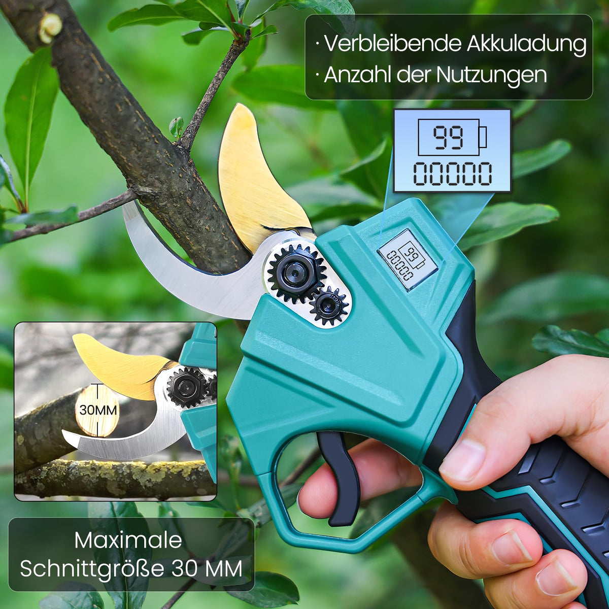 Akku Astschere Akku Baumschere,Max 30MM Schnittdurchmesser,Professionelle Elektrische Gartenschere mit Sicherheitsschalter 2x2000mAh 21V Batterien,LCD Anzeige,Ladegerät,für 6-8 Arbeitsstunden