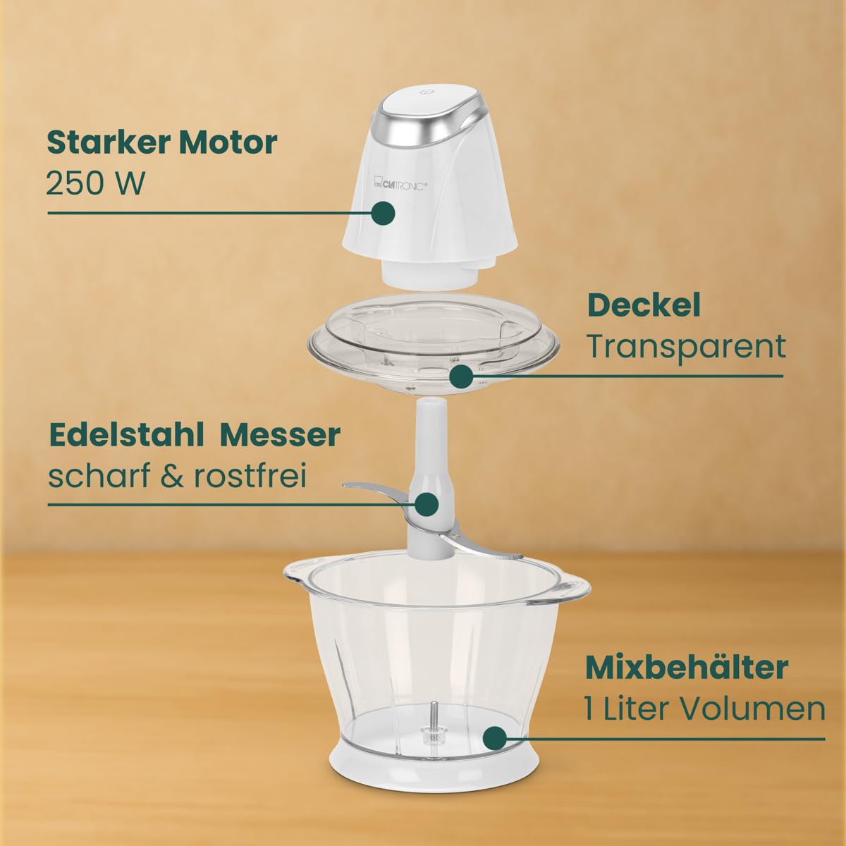 Clatronic Multizerkleinerer MZ 3579, 2 in 1 Multizerkleinerer und Ice Crusher in Einem, 250 Watt, weiß