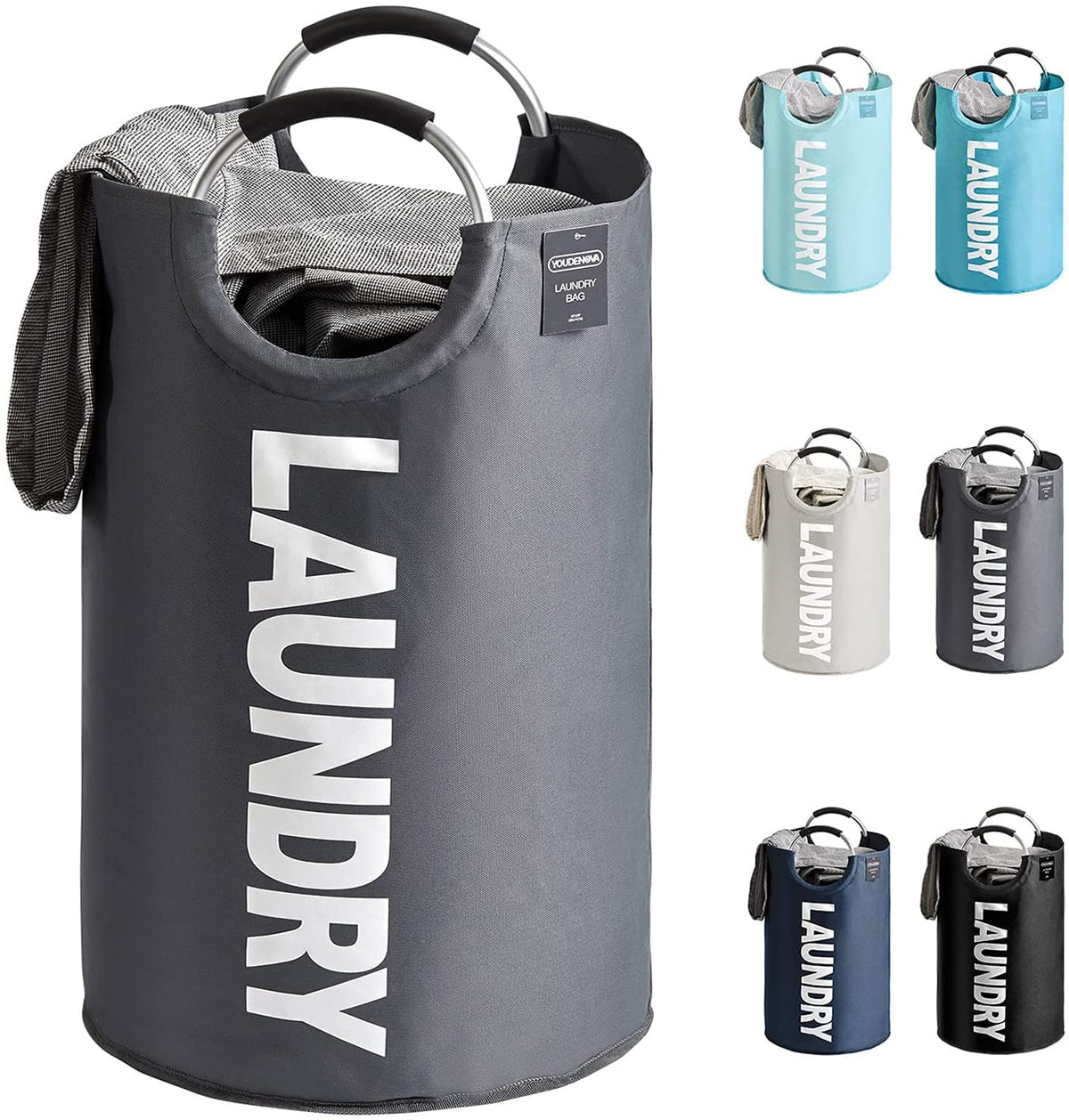 YOUDENOVA Faltbarer Wäschekorb, 92L Großer Wäschesammler, Wäschesack mit gepolstertem Griff, Wasserdichter Laundry baskets aus Oxford-Gewebe, Tragbarer Wäschetonne für Waschküche, Schlafzimmer, Grau