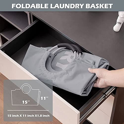 YOUDENOVA Faltbarer Wäschekorb, 92L Großer Wäschesammler, Wäschesack mit gepolstertem Griff, Wasserdichter Laundry baskets aus Oxford-Gewebe, Tragbarer Wäschetonne für Waschküche, Schlafzimmer, Grau