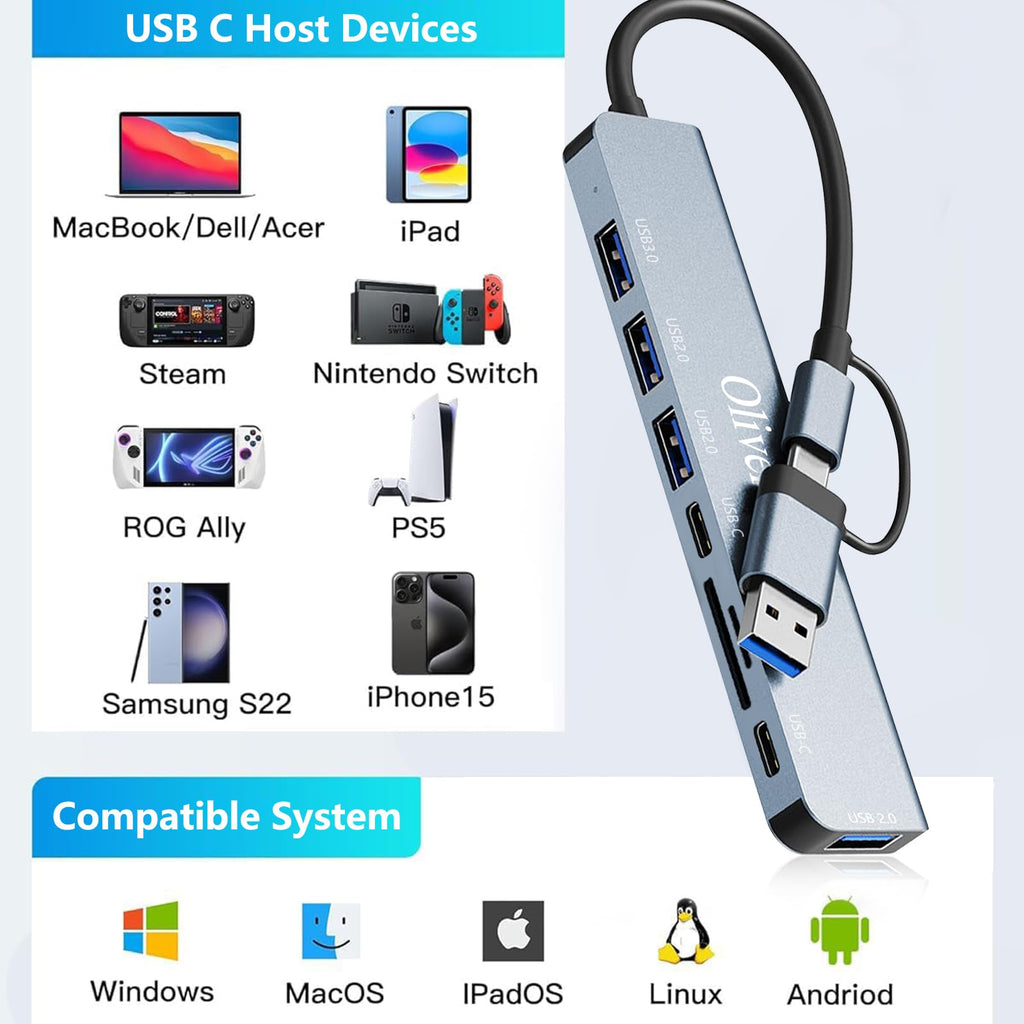 USB C Hub 3.0, 8 in 2 USB Hub 3.0 Multiport Adapter mit SD&TF Kartenleser, US-B 3.0&USB 2.0 Ports, USB-C Anschluss, US-B Typ C Hub für MacBook Air/Pro, Galaxy, iPad, Windows usw