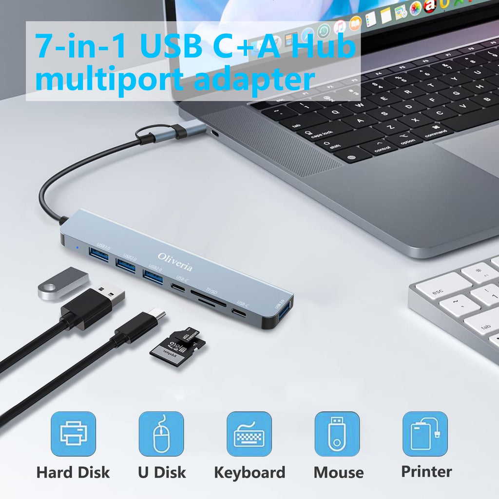 USB C Hub 3.0, 8 in 2 USB Hub 3.0 Multiport Adapter mit SD&TF Kartenleser, US-B 3.0&USB 2.0 Ports, USB-C Anschluss, US-B Typ C Hub für MacBook Air/Pro, Galaxy, iPad, Windows usw