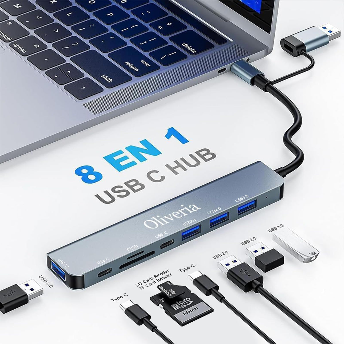 USB C Hub 3.0, 8 in 2 USB Hub 3.0 Multiport Adapter mit SD&TF Kartenleser, US-B 3.0&USB 2.0 Ports, USB-C Anschluss, US-B Typ C Hub für MacBook Air/Pro, Galaxy, iPad, Windows usw