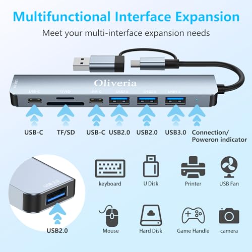 USB C Hub 3.0, 8 in 2 USB Hub 3.0 Multiport Adapter mit SD&TF Kartenleser, US-B 3.0&USB 2.0 Ports, USB-C Anschluss, US-B Typ C Hub für MacBook Air/Pro, Galaxy, iPad, Windows usw