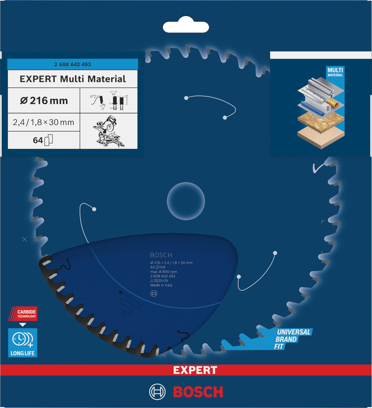 Bosch Professional Kreissägeblatt Expert for Multi Material (216 x 30 x 2,4 mm, 64 Zähne, Zubehör Kreissäge), 2608642493