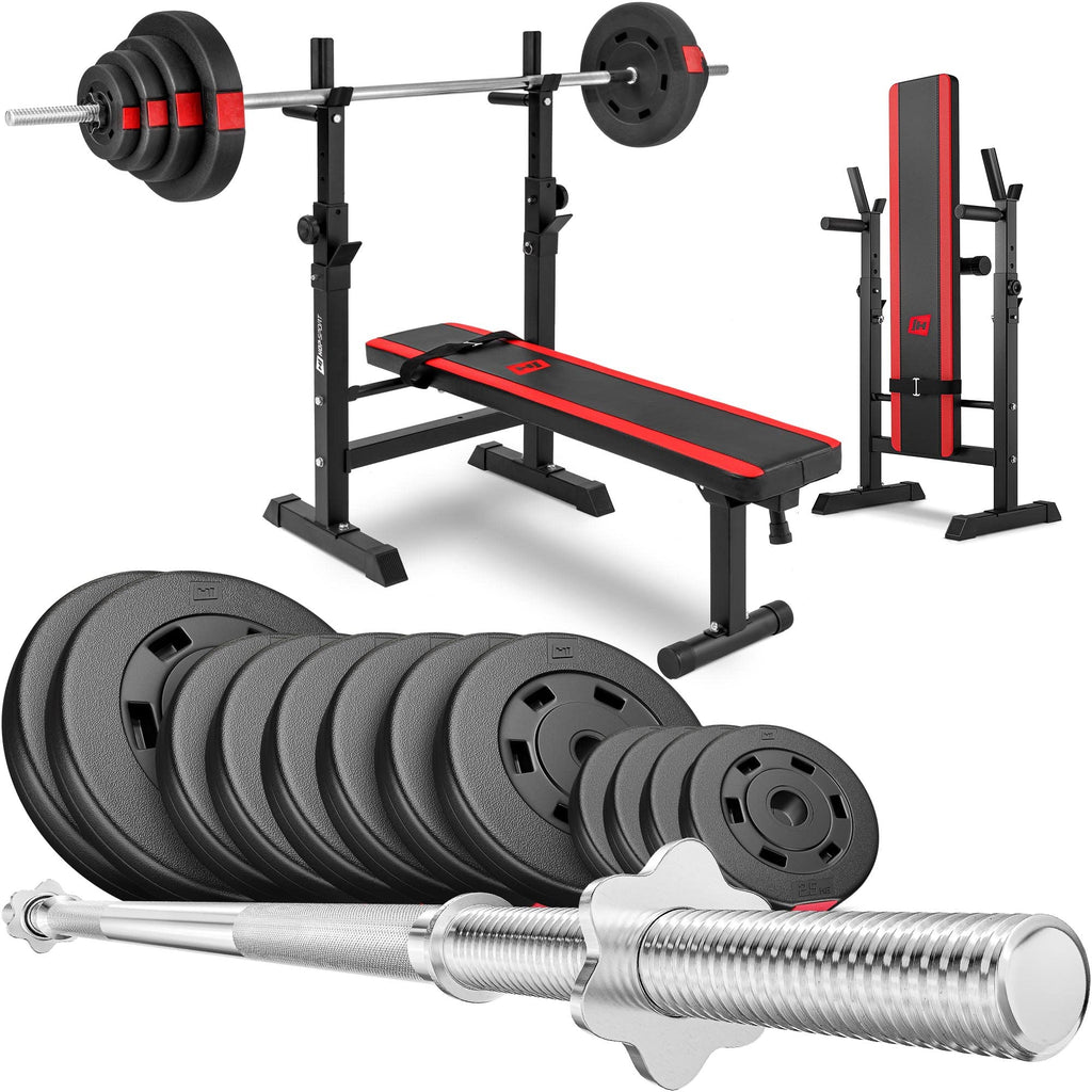 Hop-Sport Hantelset 39kg bis 99kg - Klappbare Hantelbank mit Gewichten, Verstellbare Langhantelablage, Trainingsbank für Bankdrücken, Stabiler Fitnessbank, 270 kg Max. Belastbarkeit