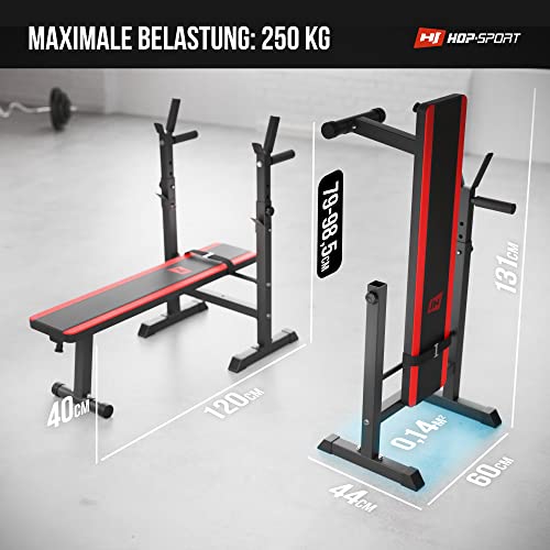 Hop-Sport Hantelset 39kg bis 99kg - Klappbare Hantelbank mit Gewichten, Verstellbare Langhantelablage, Trainingsbank für Bankdrücken, Stabiler Fitnessbank, 270 kg Max. Belastbarkeit