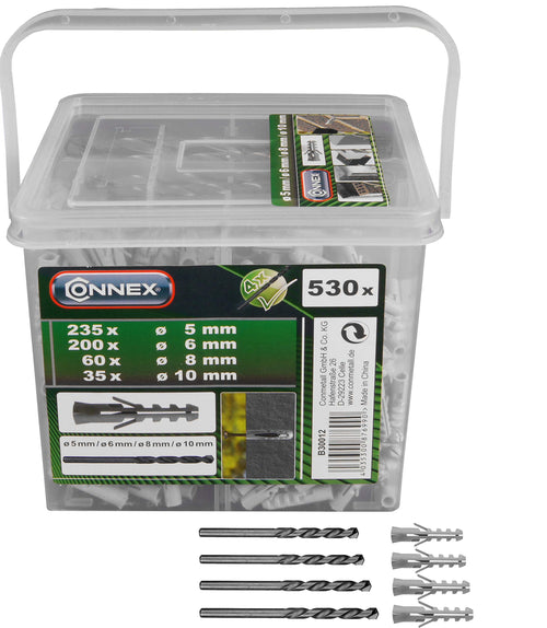 Connex Dübel-Sortiment 530-teilig – Polypropylen – Inkl. Bohrer