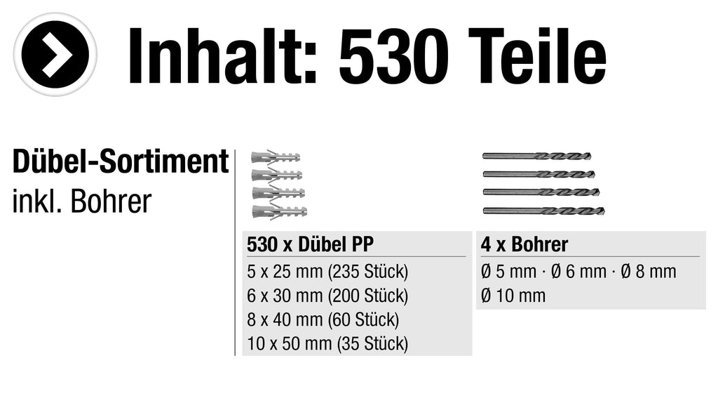 Connex Dübel-Sortiment 530-teilig – Polypropylen – Inkl. Bohrer