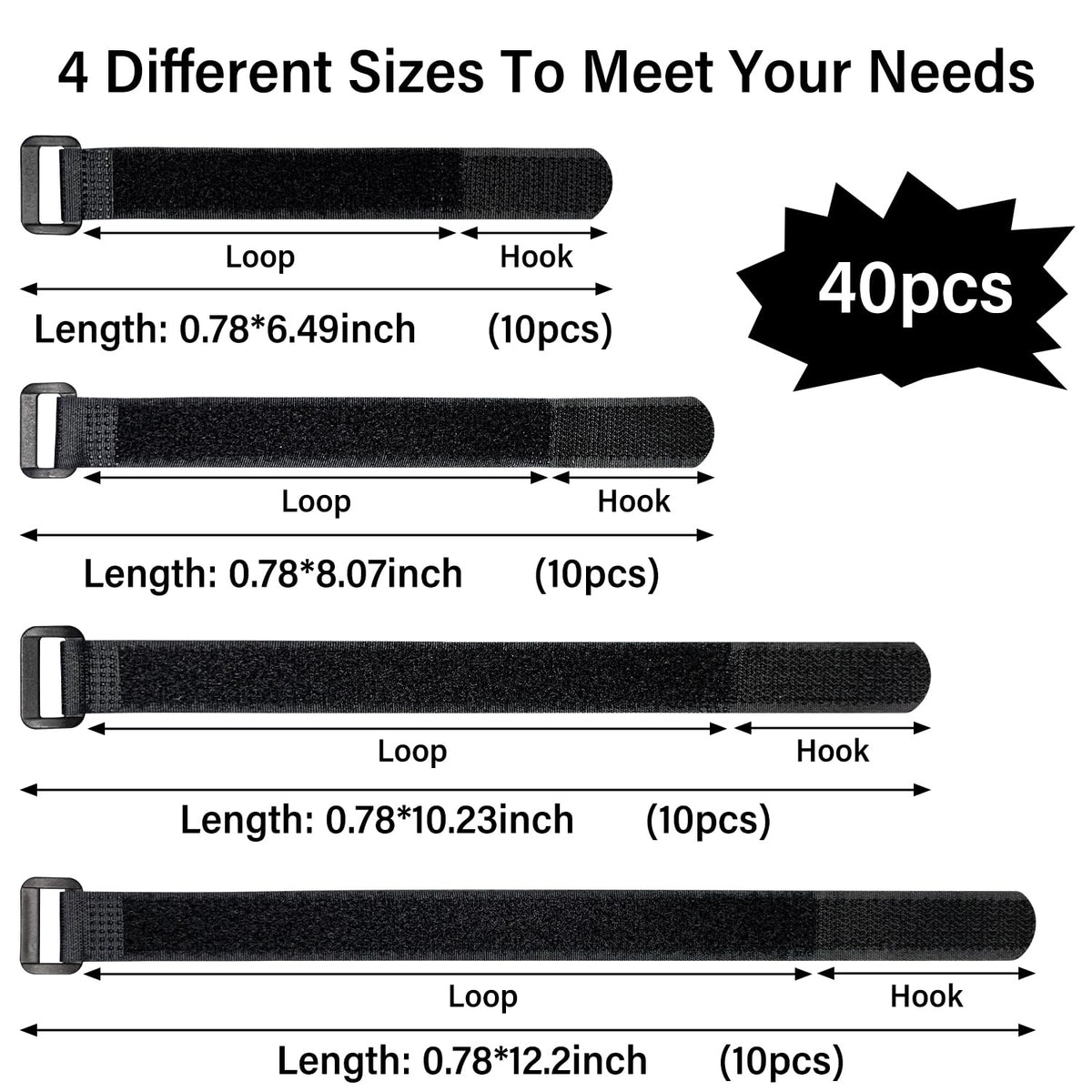 Klettband 40 Stück Klett-Kabelbinder Wiederverschließbar, 20mm Breite Klettverschluss, 4 Verschiedene Längen 150.200.250.300mm aus Schwarzem Nylon