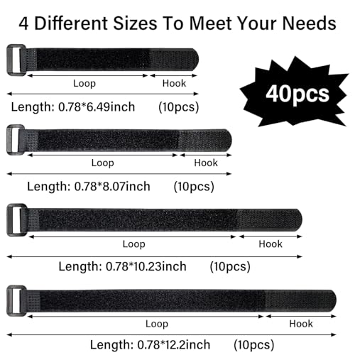 Klettband 40 Stück Klett-Kabelbinder Wiederverschließbar, 20mm Breite Klettverschluss, 4 Verschiedene Längen 150.200.250.300mm aus Schwarzem Nylon