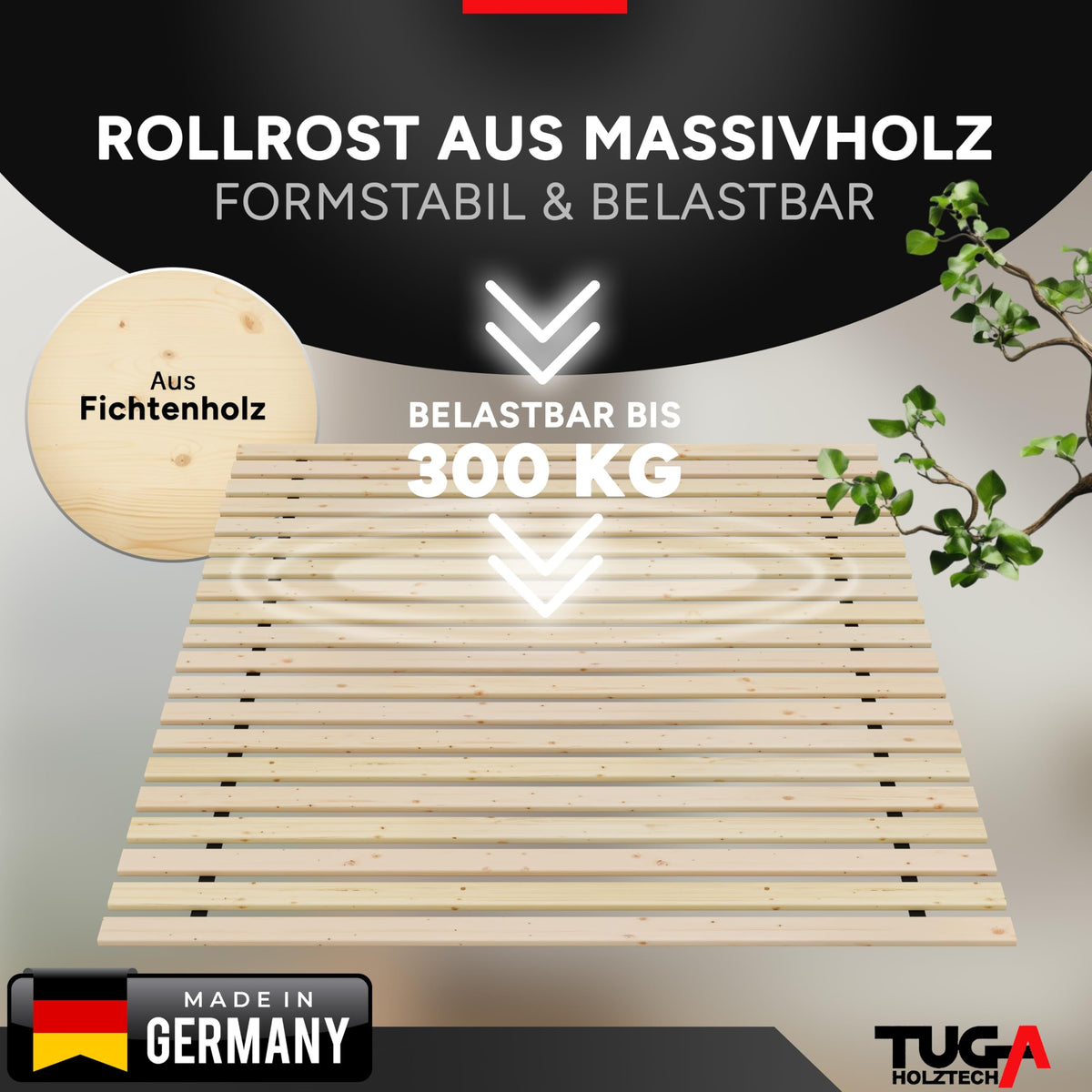 TUGA - Holztech Rollrost 90 x 190 cm 20mm 300kg Lattenrost Rolllattenrost Premium Qualitätsarbeit aus Deutschland