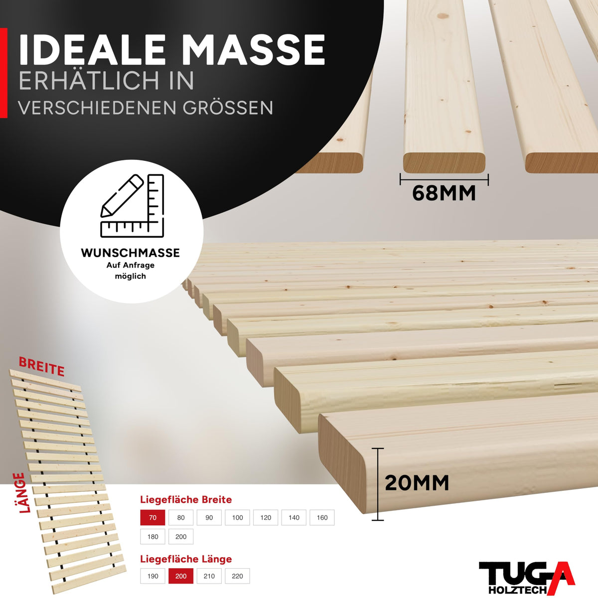 TUGA - Holztech Rollrost 90 x 190 cm 20mm 300kg Lattenrost Rolllattenrost Premium Qualitätsarbeit aus Deutschland