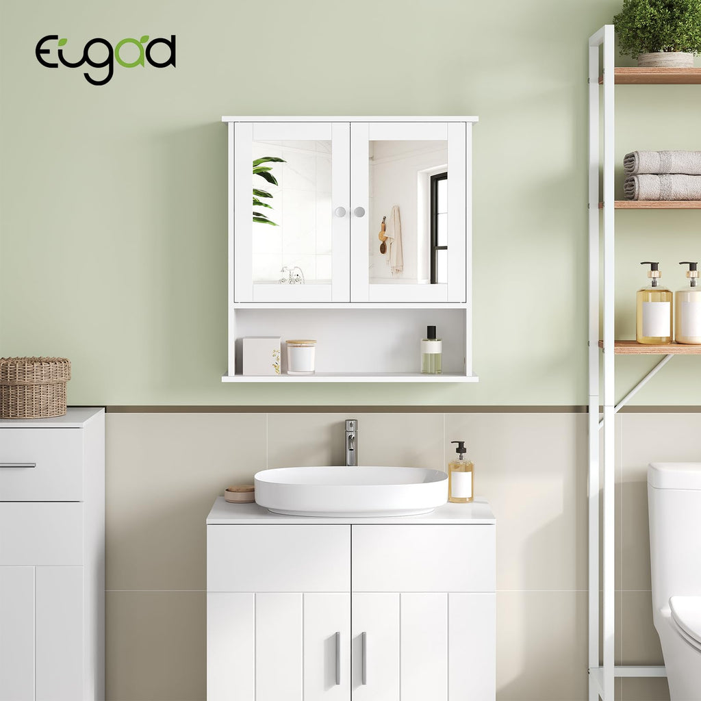 EUGAD Spiegelschrank für Badzimmer Gästetoilette Wohnung Hotel, Badschrank hängend, mit Verstellbarer Ablage, mit magnetischer Tür, aus MDF, 56 x 58 x 13 cm, Weiß