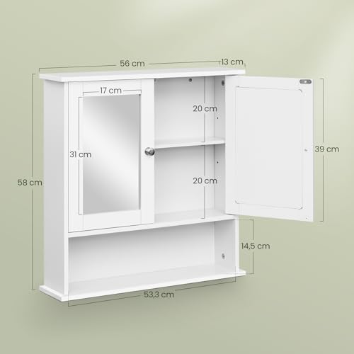 EUGAD Spiegelschrank für Badzimmer Gästetoilette Wohnung Hotel, Badschrank hängend, mit Verstellbarer Ablage, mit magnetischer Tür, aus MDF, 56 x 58 x 13 cm, Weiß