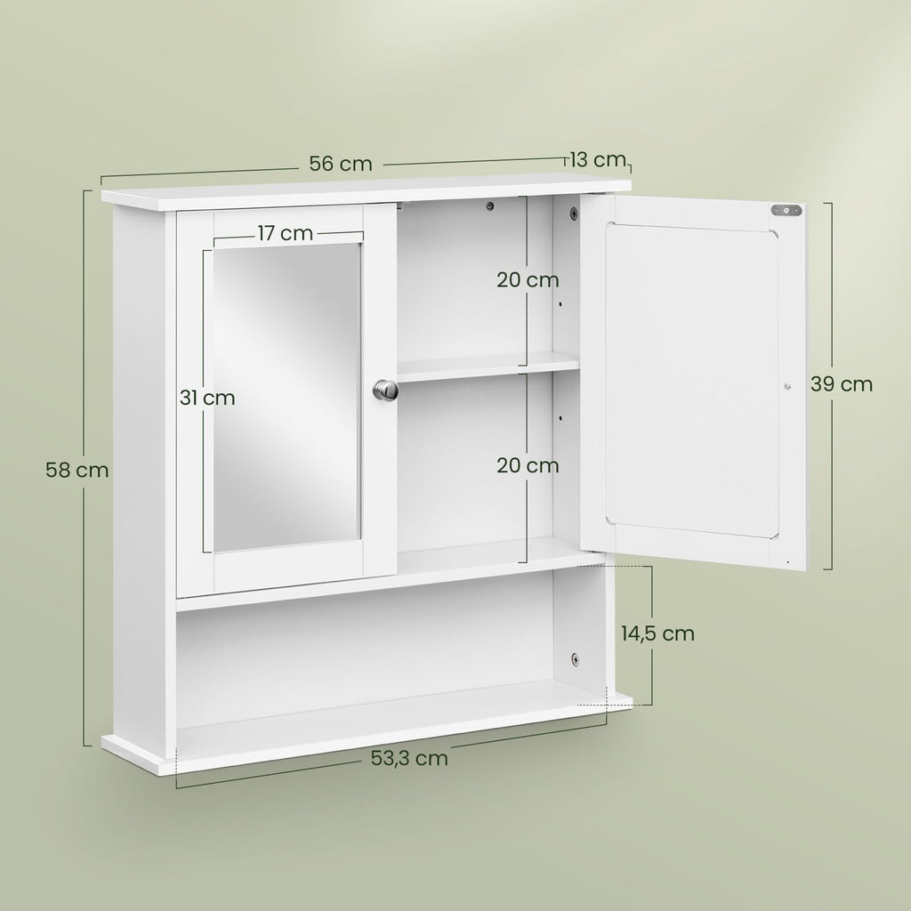 EUGAD Spiegelschrank für Badzimmer Gästetoilette Wohnung Hotel, Badschrank hängend, mit Verstellbarer Ablage, mit magnetischer Tür, aus MDF, 56 x 58 x 13 cm, Weiß