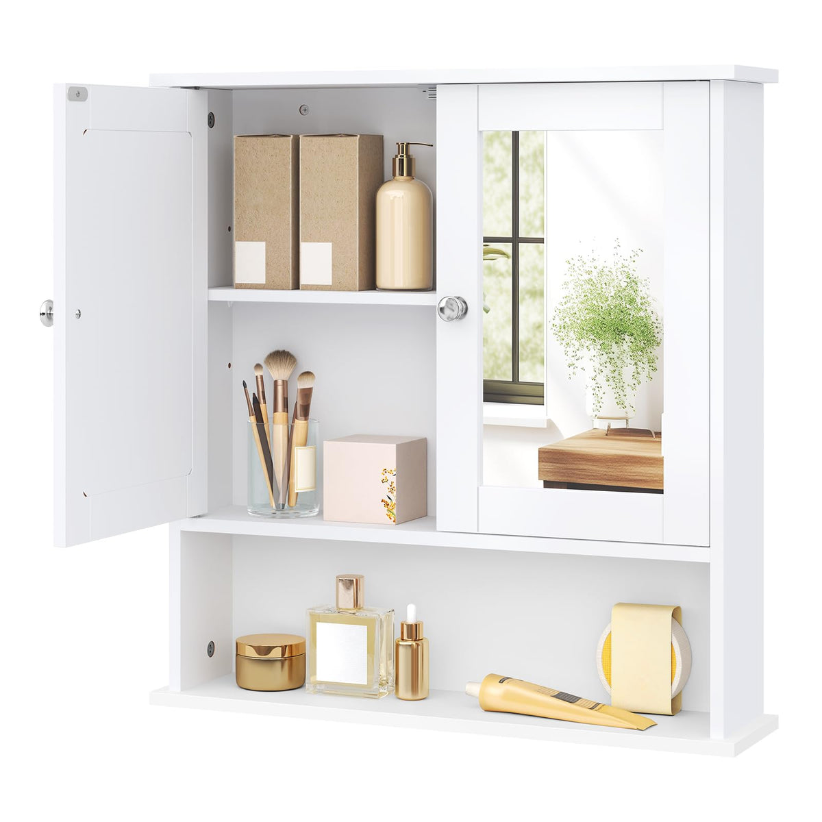 EUGAD Spiegelschrank für Badzimmer Gästetoilette Wohnung Hotel, Badschrank hängend, mit Verstellbarer Ablage, mit magnetischer Tür, aus MDF, 56 x 58 x 13 cm, Weiß