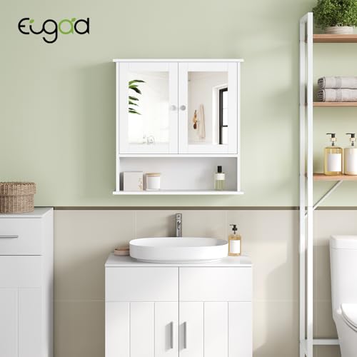 EUGAD Spiegelschrank für Badzimmer Gästetoilette Wohnung Hotel, Badschrank hängend, mit Verstellbarer Ablage, mit magnetischer Tür, aus MDF, 56 x 58 x 13 cm, Weiß