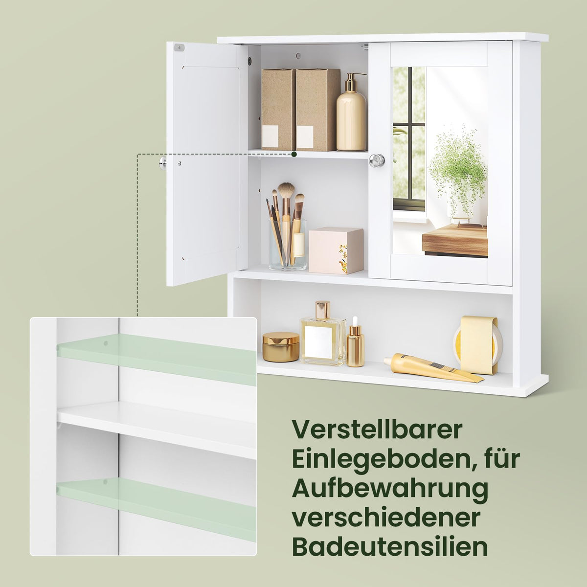 EUGAD Spiegelschrank für Badzimmer Gästetoilette Wohnung Hotel, Badschrank hängend, mit Verstellbarer Ablage, mit magnetischer Tür, aus MDF, 56 x 58 x 13 cm, Weiß