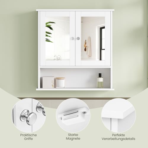 EUGAD Spiegelschrank für Badzimmer Gästetoilette Wohnung Hotel, Badschrank hängend, mit Verstellbarer Ablage, mit magnetischer Tür, aus MDF, 56 x 58 x 13 cm, Weiß