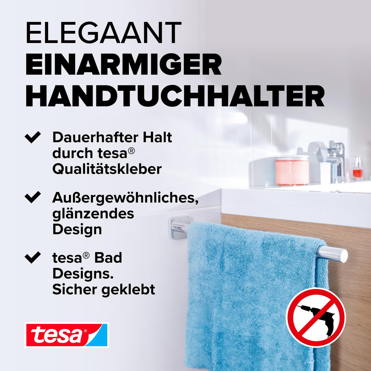 tesa ELEGAANT Bad Handtuchhalter - Verchromt - 50 mm x 50 mm x 400 mm
