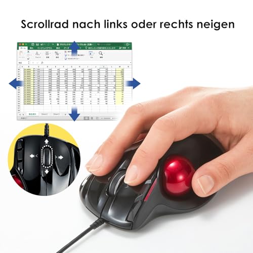 SANWA Trackball Maus mit Kabel, 4 Wege Scrollfunktion, 6 Programmierbare Tasten, Kabelgebundener Roller Ball Maus, 400-1600 DPI, Fingerauflage, Vorbeugung RSI, Kompatibel mit Winows, Mac, PC, Schwarz