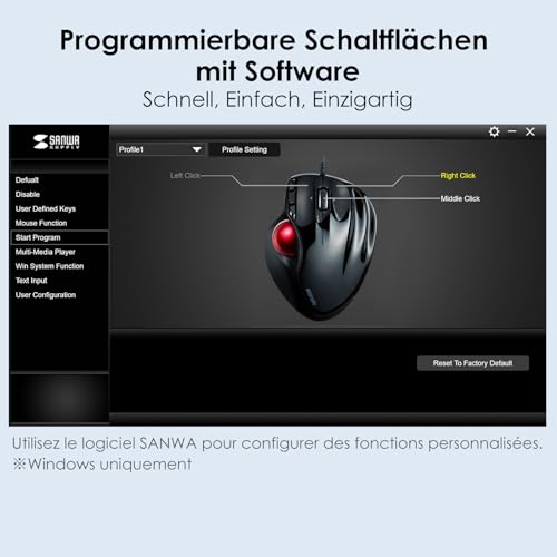 SANWA Trackball Maus mit Kabel, 4 Wege Scrollfunktion, 6 Programmierbare Tasten, Kabelgebundener Roller Ball Maus, 400-1600 DPI, Fingerauflage, Vorbeugung RSI, Kompatibel mit Winows, Mac, PC, Schwarz