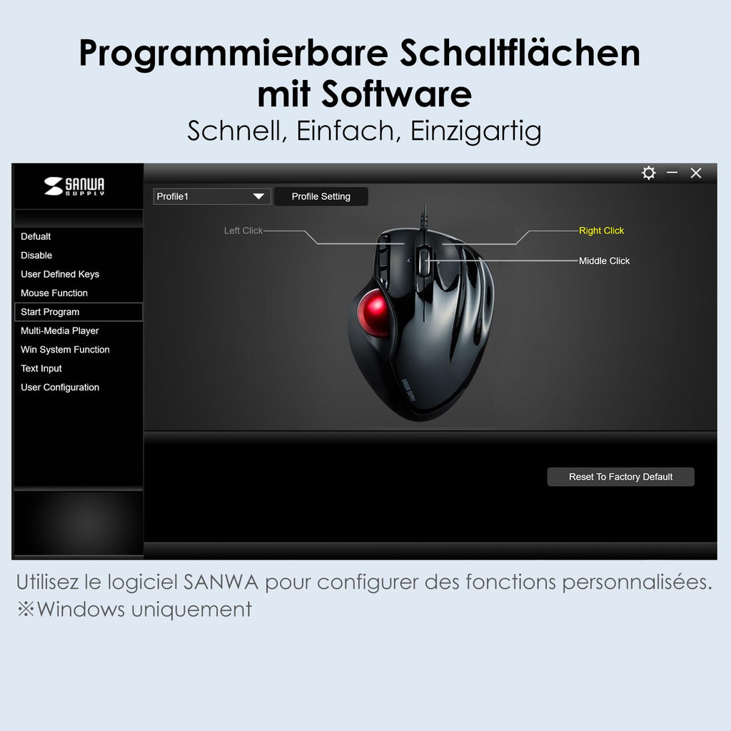 SANWA Trackball Maus mit Kabel, 4 Wege Scrollfunktion, 6 Programmierbare Tasten, Kabelgebundener Roller Ball Maus, 400-1600 DPI, Fingerauflage, Vorbeugung RSI, Kompatibel mit Winows, Mac, PC, Schwarz