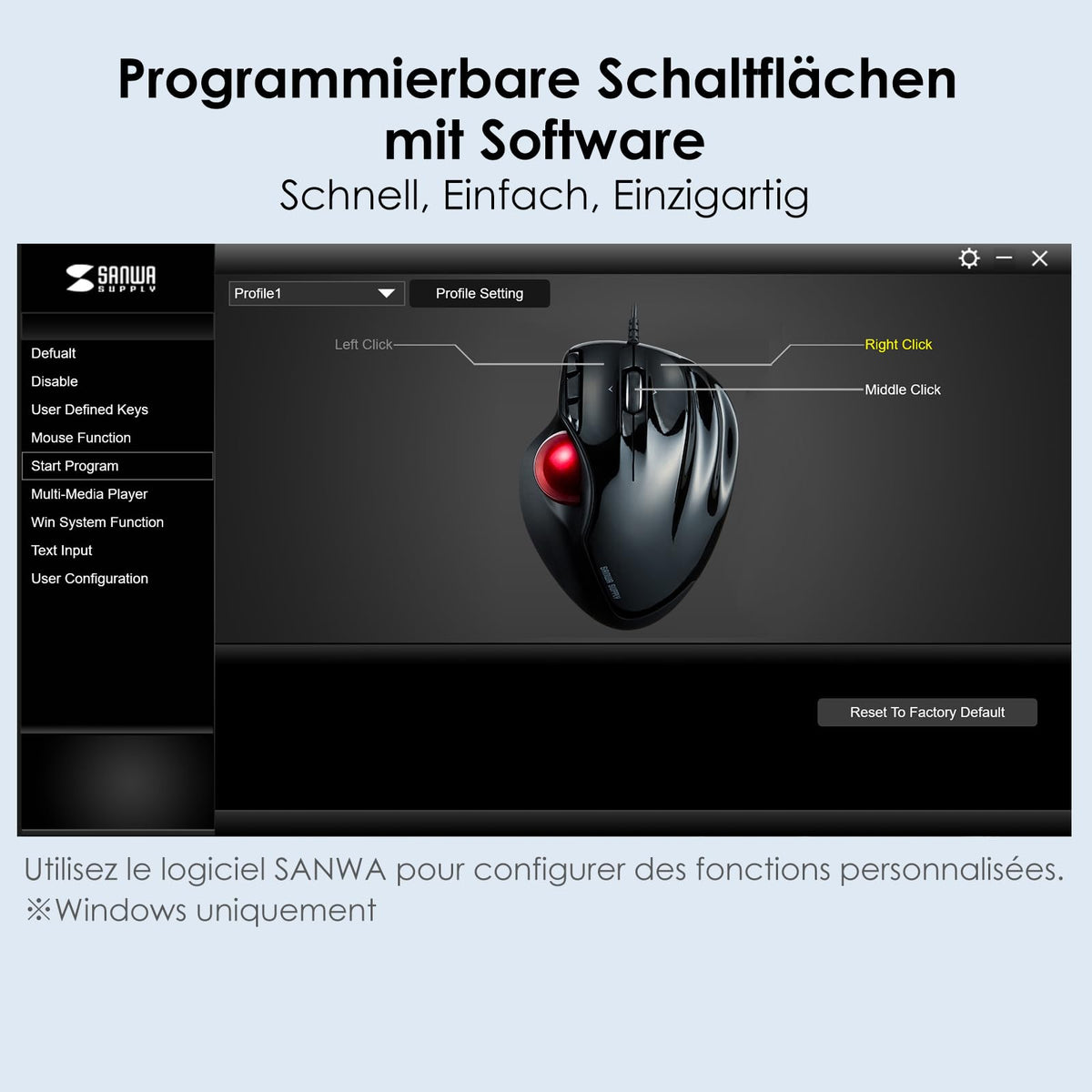 SANWA Trackball Maus mit Kabel, 4 Wege Scrollfunktion, 6 Programmierbare Tasten, Kabelgebundener Roller Ball Maus, 400-1600 DPI, Fingerauflage, Vorbeugung RSI, Kompatibel mit Winows, Mac, PC, Schwarz