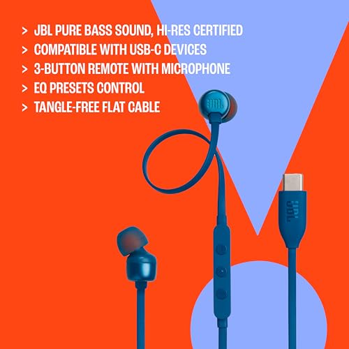 JBL Tune 310 C Kopfhörer – Kabelgebundene In-Ear-Kopfhörer mit JBL Pure Bass Sound, Mikrofon und USB-C-Anschluss – Blau
