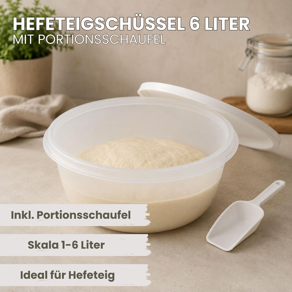 mikken Grosse Hefeteigschüssel 6 Liter mit Plopp-Deckel Rührschüssel Frischhaltedose Salatschüssel, mit Messskala und Mehlschaufel