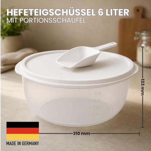 mikken Grosse Hefeteigschüssel 6 Liter mit Plopp-Deckel Rührschüssel Frischhaltedose Salatschüssel, mit Messskala und Mehlschaufel