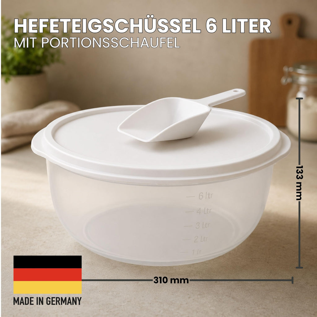 mikken Grosse Hefeteigschüssel 6 Liter mit Plopp-Deckel Rührschüssel Frischhaltedose Salatschüssel, mit Messskala und Mehlschaufel