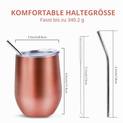 2 Stück Weinbecher Edelstahl, 12 OZ Thermotasse mit Deckel, Geschenk zum Valentinstag, Weinbecher To Go, Doppelwandigen Isolierte Vakuumisoliert Weinglas (Roségold)