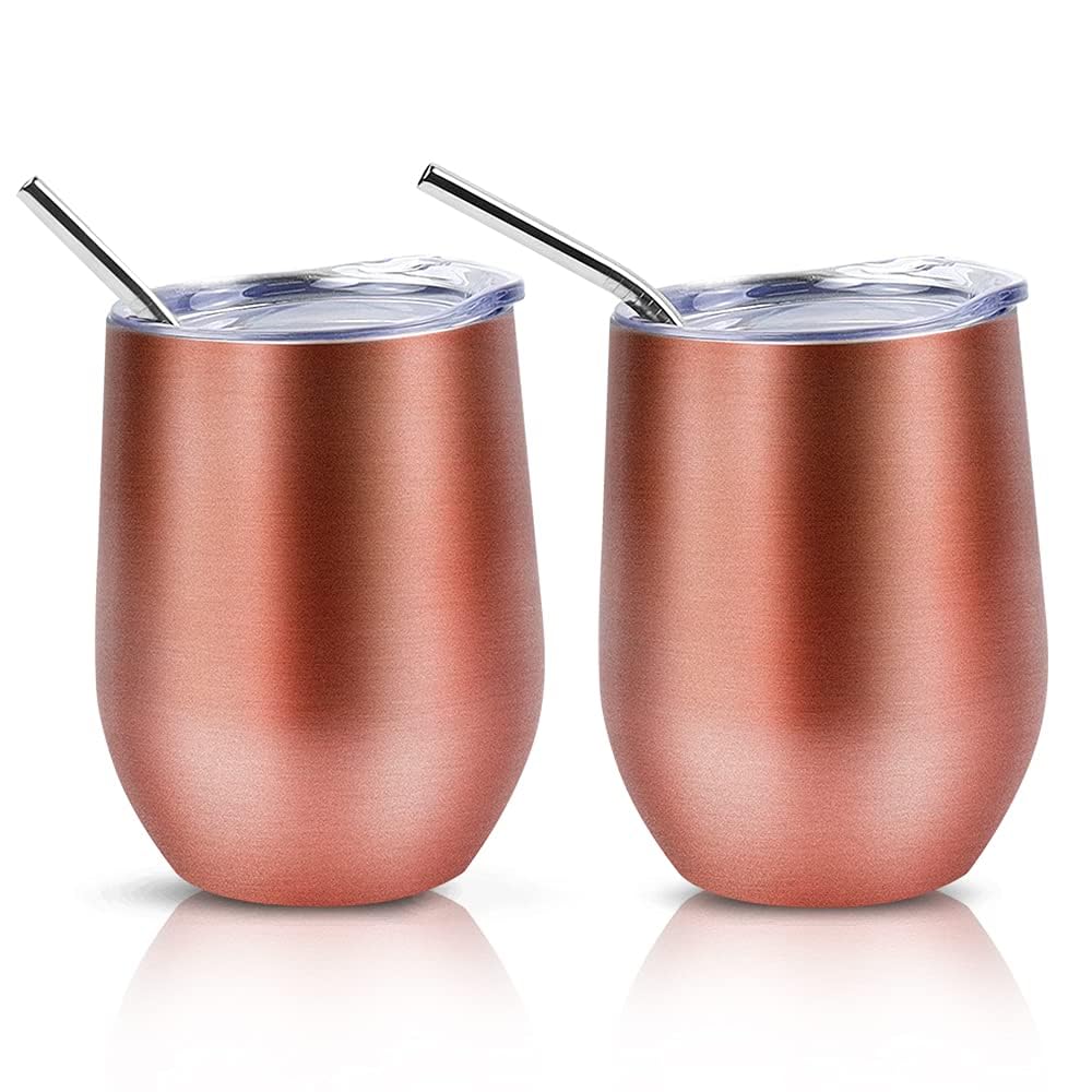 2 Stück Weinbecher Edelstahl, 12 OZ Thermotasse mit Deckel, Geschenk zum Valentinstag, Weinbecher To Go, Doppelwandigen Isolierte Vakuumisoliert Weinglas (Roségold)