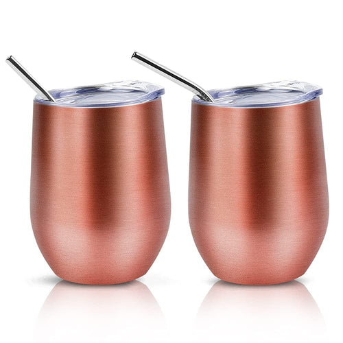 2 Stück Weinbecher Edelstahl, 12 OZ Thermotasse mit Deckel, Geschenk zum Valentinstag, Weinbecher To Go, Doppelwandigen Isolierte Vakuumisoliert Weinglas (Roségold)