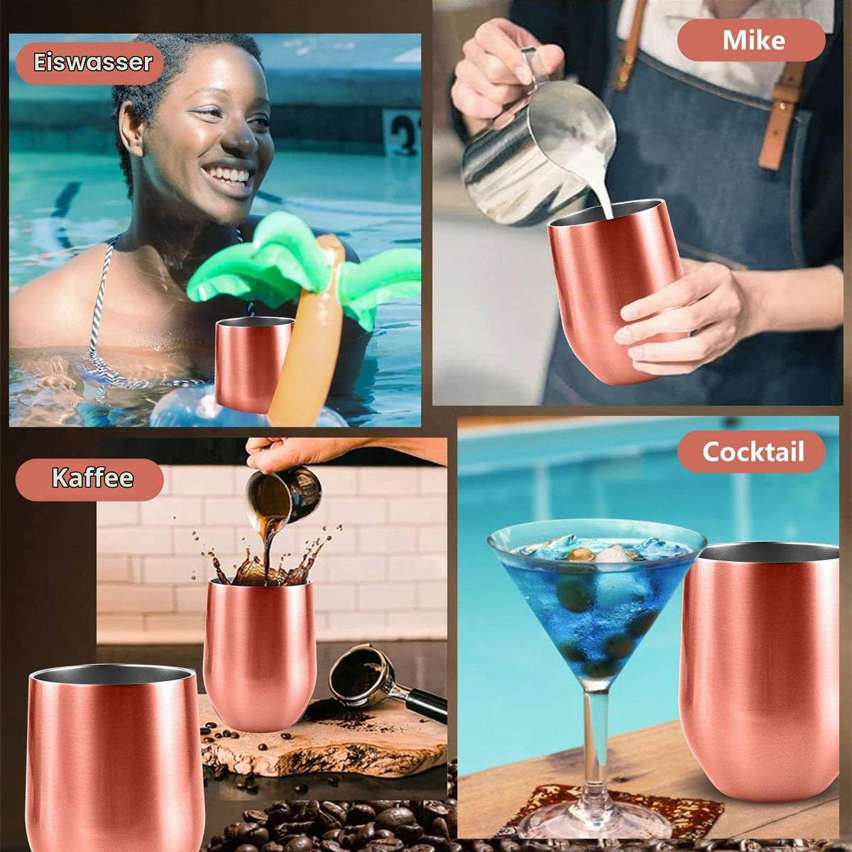 2 Stück Weinbecher Edelstahl, 12 OZ Thermotasse mit Deckel, Geschenk zum Valentinstag, Weinbecher To Go, Doppelwandigen Isolierte Vakuumisoliert Weinglas (Roségold)