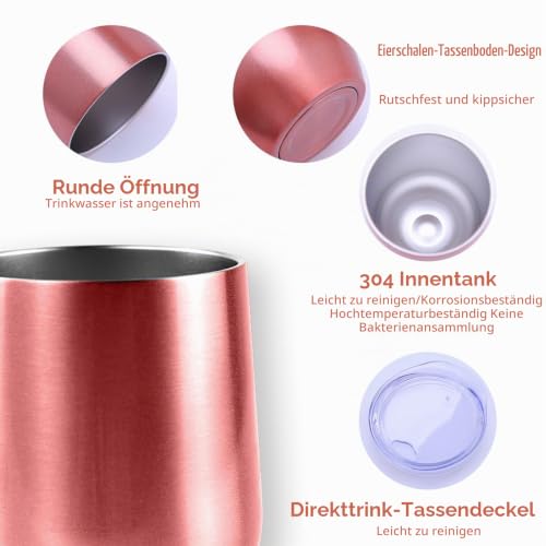 2 Stück Weinbecher Edelstahl, 12 OZ Thermotasse mit Deckel, Geschenk zum Valentinstag, Weinbecher To Go, Doppelwandigen Isolierte Vakuumisoliert Weinglas (Roségold)