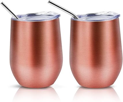 2 Stück Weinbecher Edelstahl, 12 OZ Thermotasse mit Deckel, Geschenk zum Valentinstag, Weinbecher To Go, Doppelwandigen Isolierte Vakuumisoliert Weinglas (Roségold)