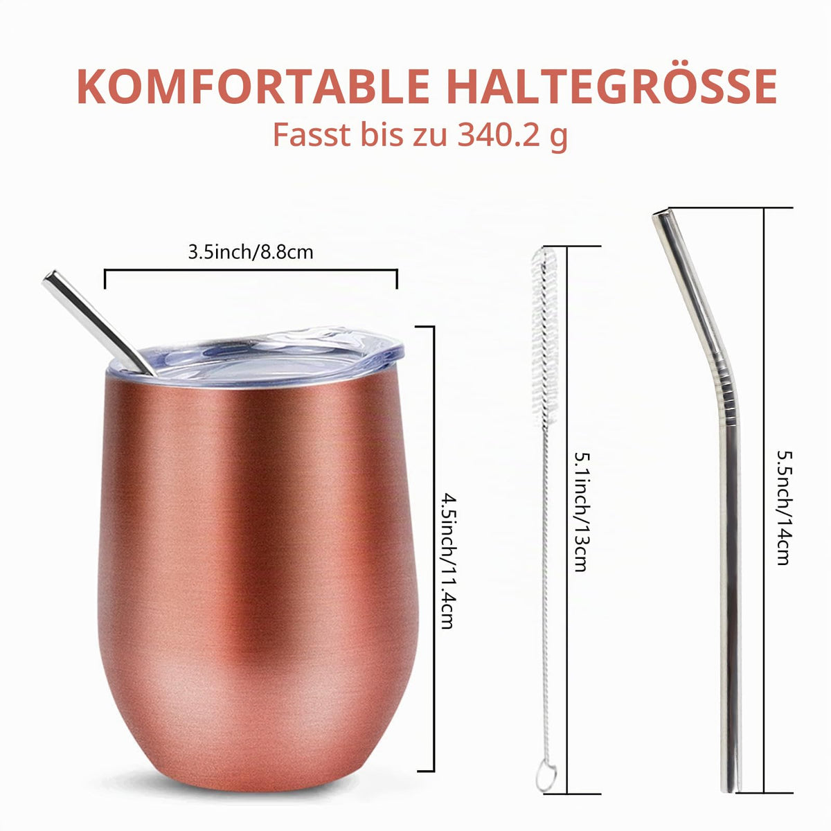 2 Stück Weinbecher Edelstahl, 12 OZ Thermotasse mit Deckel, Geschenk zum Valentinstag, Weinbecher To Go, Doppelwandigen Isolierte Vakuumisoliert Weinglas (Roségold)
