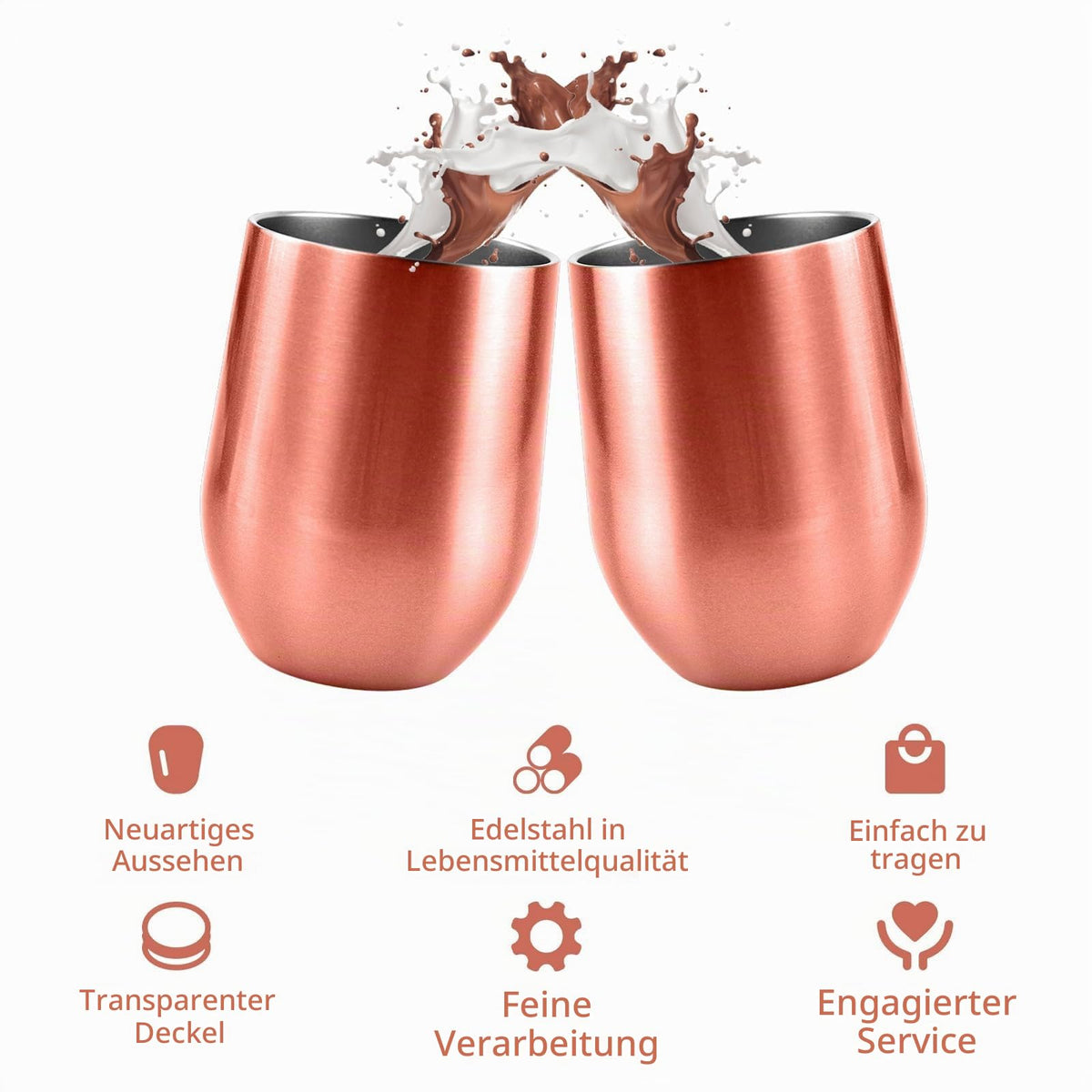 2 Stück Weinbecher Edelstahl, 12 OZ Thermotasse mit Deckel, Geschenk zum Valentinstag, Weinbecher To Go, Doppelwandigen Isolierte Vakuumisoliert Weinglas (Roségold)