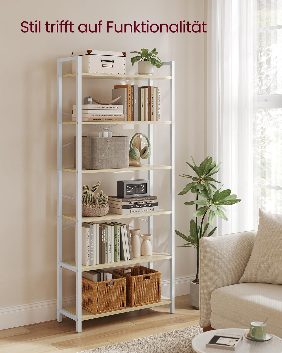 VASAGLE Regal, Bücherregal, Standregal, DVD-Regal, mit 6 Ebenen, Büroregal, offene Ablagen, für Büro, Wohnzimmer, Schlafzimmer, Küche, 30 x 64 x 185,5 cm, naturbeige-mattweiß LLS062LL01