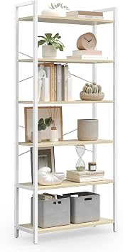 VASAGLE Regal, Bücherregal, Standregal, DVD-Regal, mit 6 Ebenen, Büroregal, offene Ablagen, für Büro, Wohnzimmer, Schlafzimmer, Küche, 30 x 64 x 185,5 cm, naturbeige-mattweiß LLS062LL01