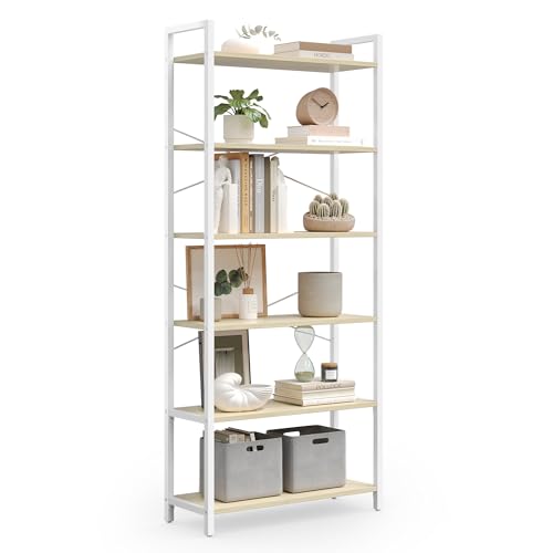 VASAGLE Regal, Bücherregal, Standregal, DVD-Regal, mit 6 Ebenen, Büroregal, offene Ablagen, für Büro, Wohnzimmer, Schlafzimmer, Küche, 30 x 64 x 185,5 cm, naturbeige-mattweiß LLS062LL01