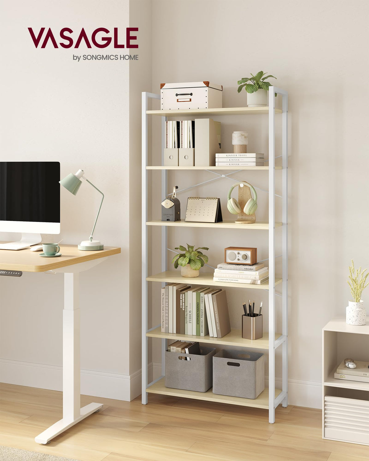 VASAGLE Regal, Bücherregal, Standregal, DVD-Regal, mit 6 Ebenen, Büroregal, offene Ablagen, für Büro, Wohnzimmer, Schlafzimmer, Küche, 30 x 64 x 185,5 cm, naturbeige-mattweiß LLS062LL01