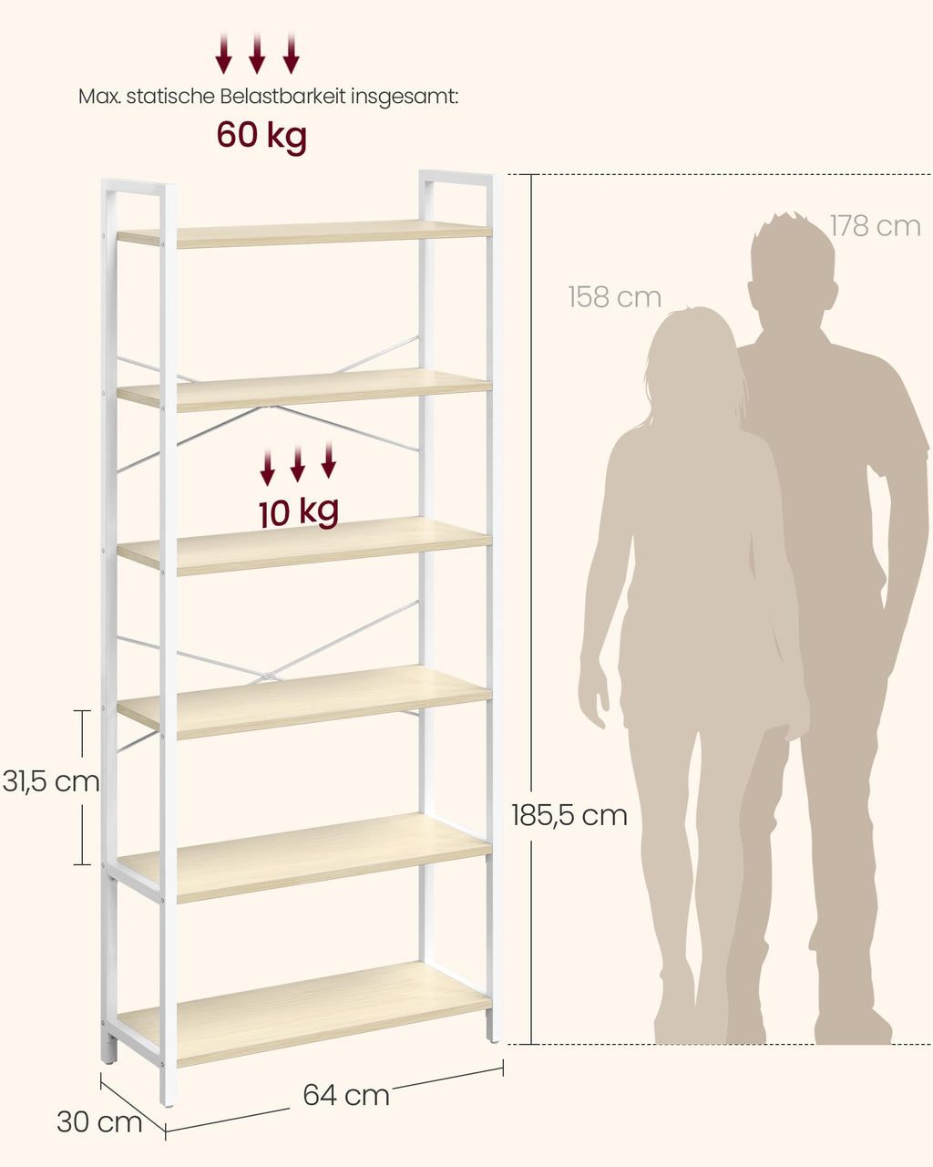 VASAGLE Regal, Bücherregal, Standregal, DVD-Regal, mit 6 Ebenen, Büroregal, offene Ablagen, für Büro, Wohnzimmer, Schlafzimmer, Küche, 30 x 64 x 185,5 cm, naturbeige-mattweiß LLS062LL01