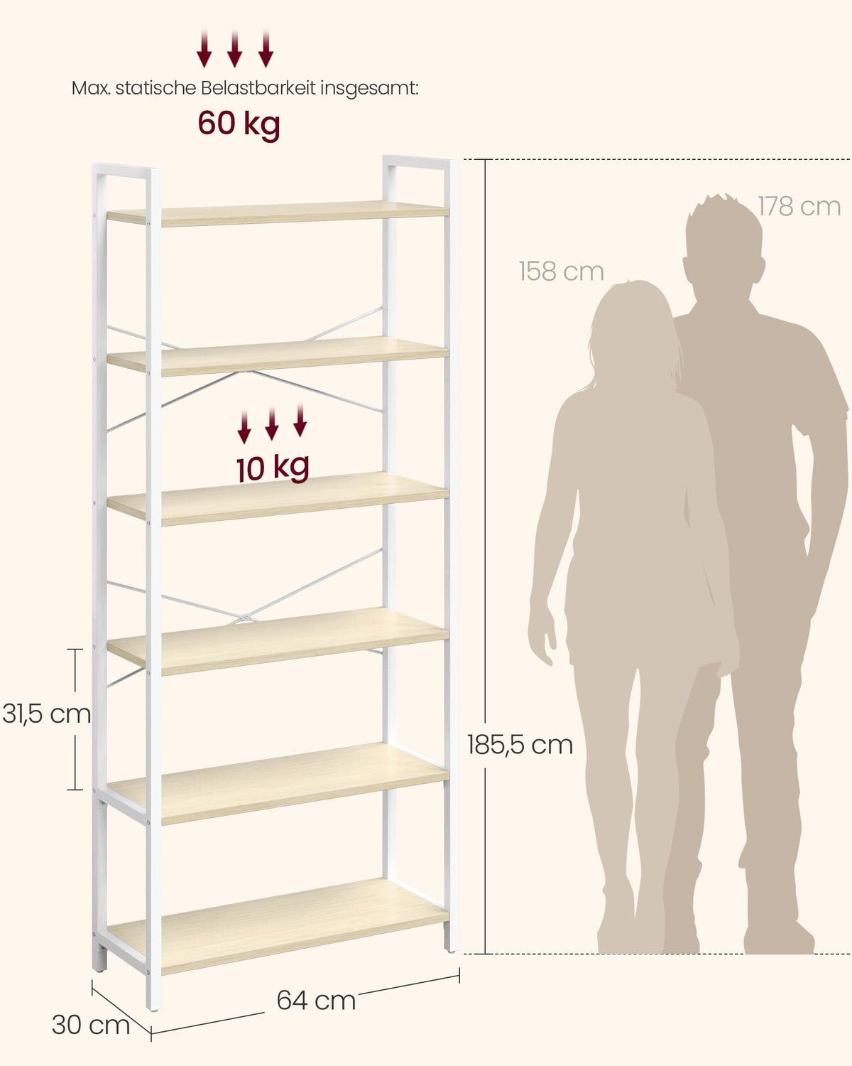 VASAGLE Regal, Bücherregal, Standregal, DVD-Regal, mit 6 Ebenen, Büroregal, offene Ablagen, für Büro, Wohnzimmer, Schlafzimmer, Küche, 30 x 64 x 185,5 cm, naturbeige-mattweiß LLS062LL01